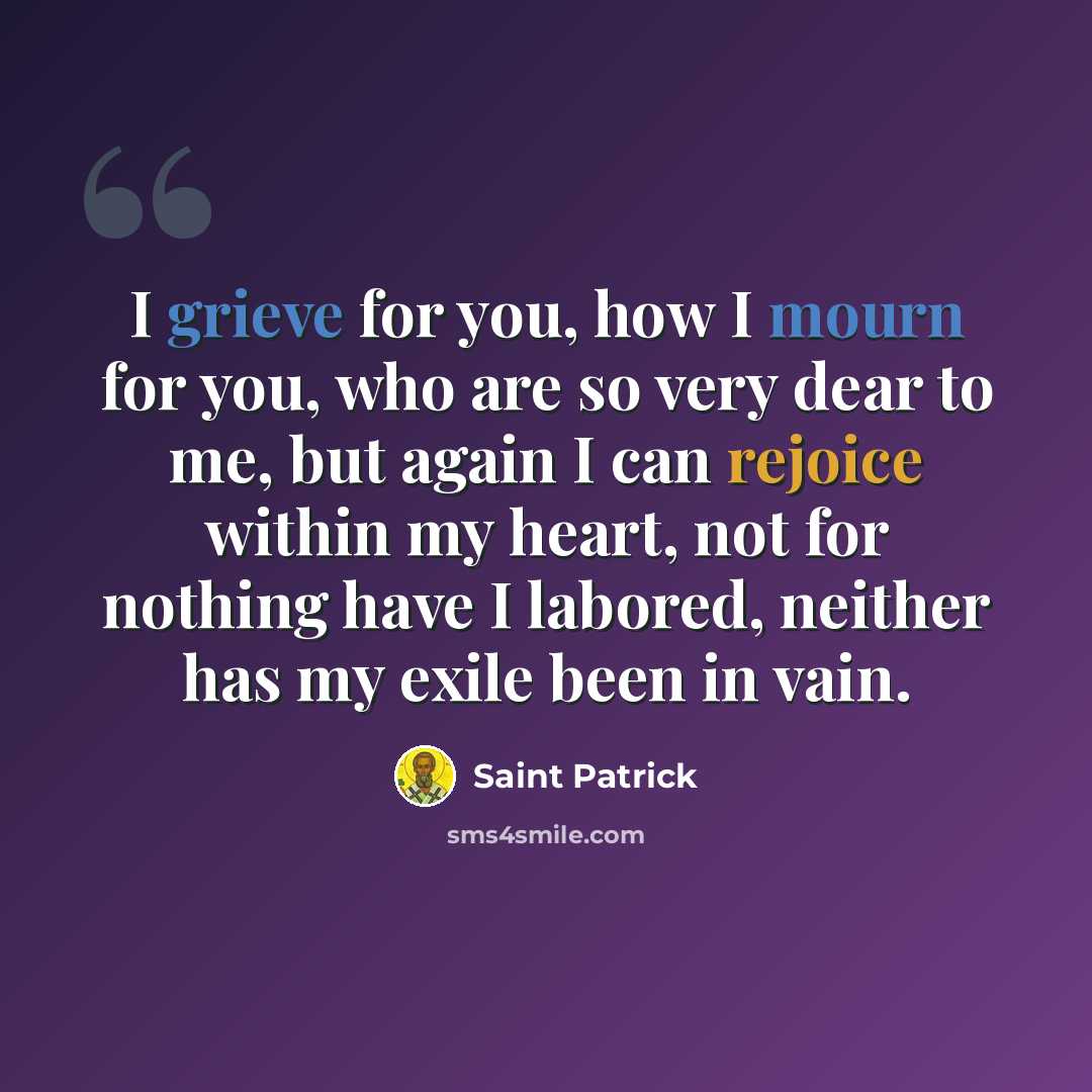 “I grieve for you, how I mourn for you, who are so very dear to me, but again I can rejoice within my heart, not for nothing have I labored, neither has my exile been in vain.” quote by Saint Patrick