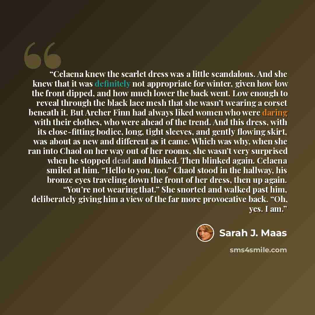 “Celaena knew the scarlet dress was a little scandalous. And she knew that it was definitely not appropriate for winter, given how low the front dipped, and how much lower the back went. Low enough to reveal through the black lace mesh that she wasn’t wearing a corset beneath it. But Archer Finn…” quote by Sarah J. Maas