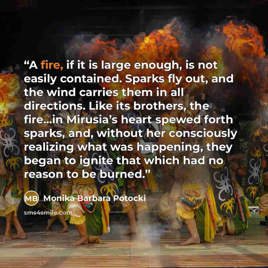 “A fire, if it is large enough, is not easily contained. Sparks fly out, and the wind carries them in all directions. Like its brothers, the fire...in Mirusia’s heart spewed forth sparks, and, without her consciously realizing what was happening, they began to ignite that which had no reason to be…” quote by Monika Barbara Potocki