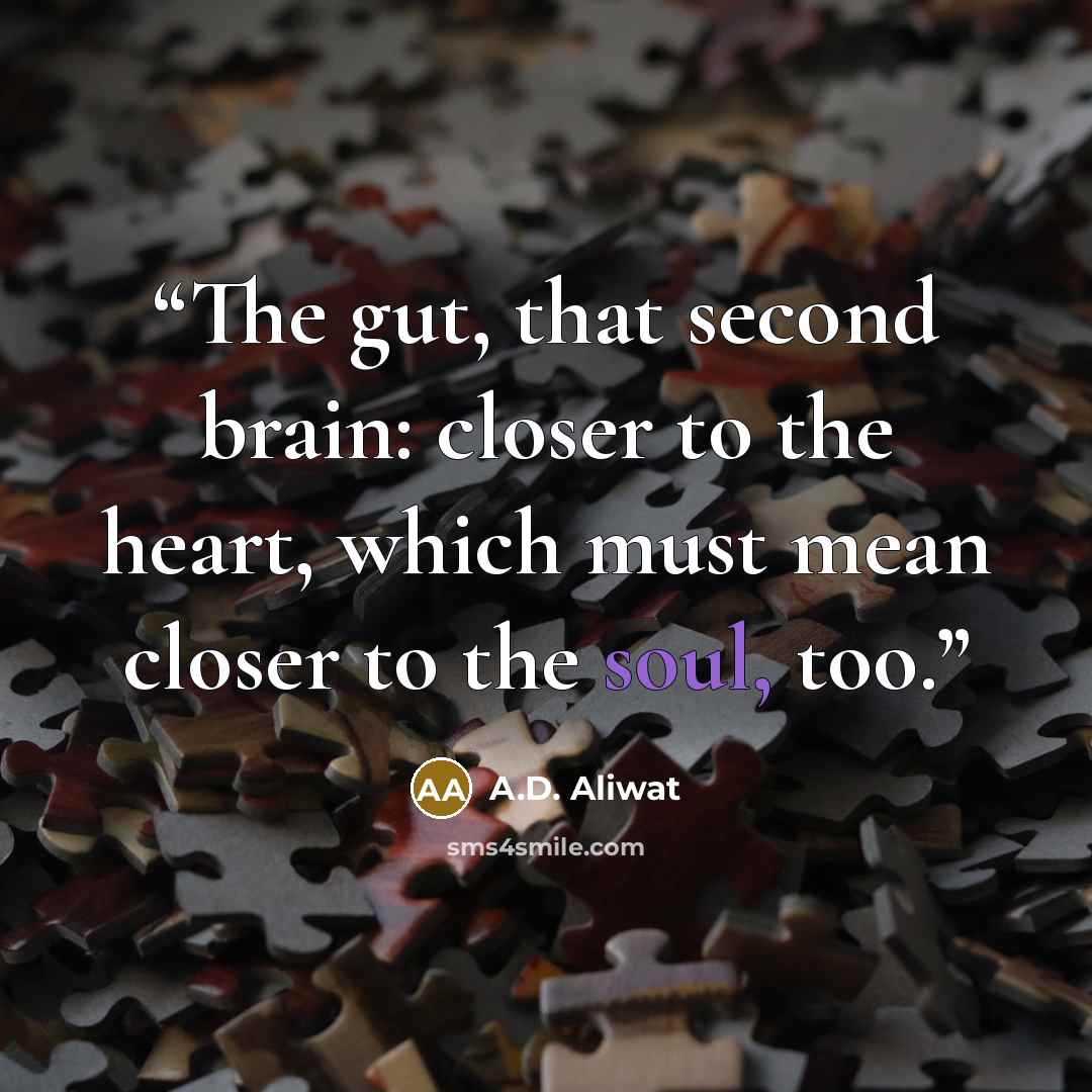 “The gut, that second brain: closer to the heart, which must mean closer to the soul, too.” quote by A.D. Aliwat