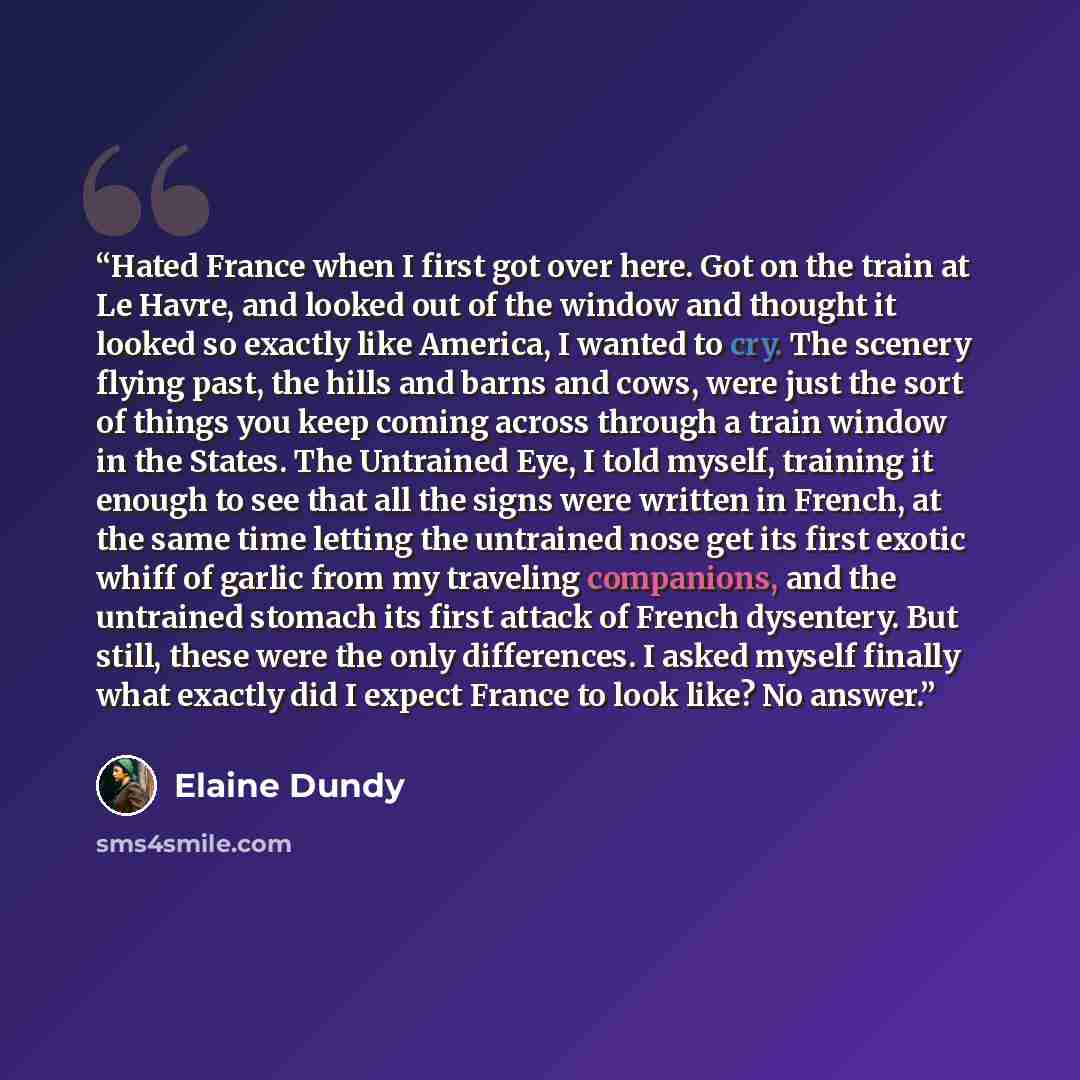 “Hated France when I first got over here. Got on the train at Le Havre, and looked out of the window and thought it looked so exactly like America, I wanted to cry. The scenery flying past, the hills and barns and cows, were just the sort of things you keep coming across through a train window in…” quote by Elaine Dundy