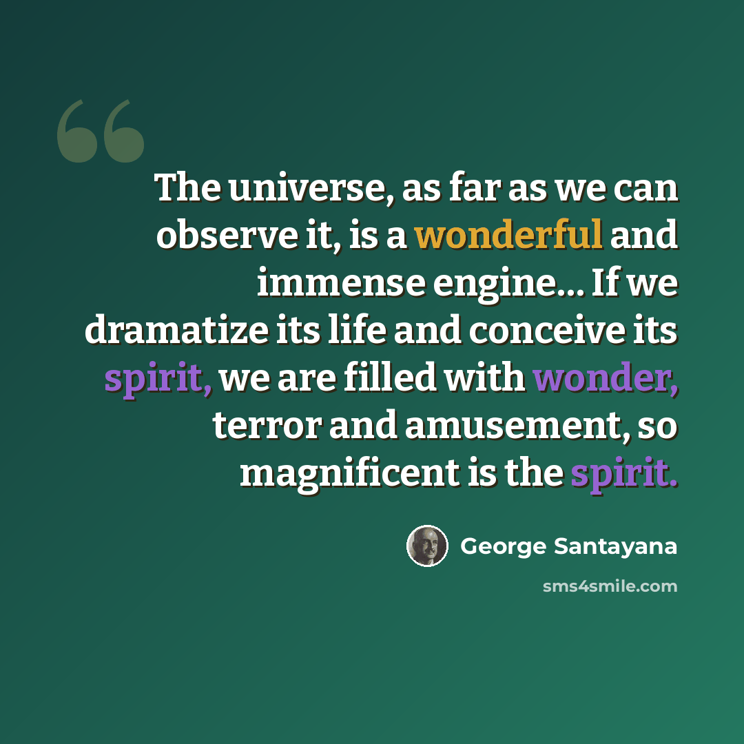 “The universe, as far as we can observe it, is a wonderful and immense engine… If we dramatize its life and conceive its spirit, we are filled with wonder, terror and amusement, so magnificent is the spirit.” quote by George Santayana