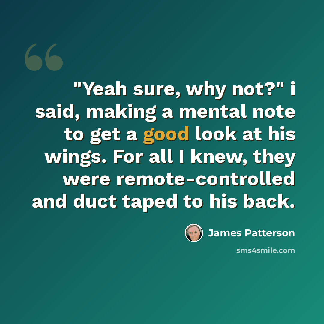 “"Yeah sure, why not?" i said, making a mental note to get a good look at his wings. For all I knew, they were remote-controlled and duct taped to his back.” quote by James Patterson