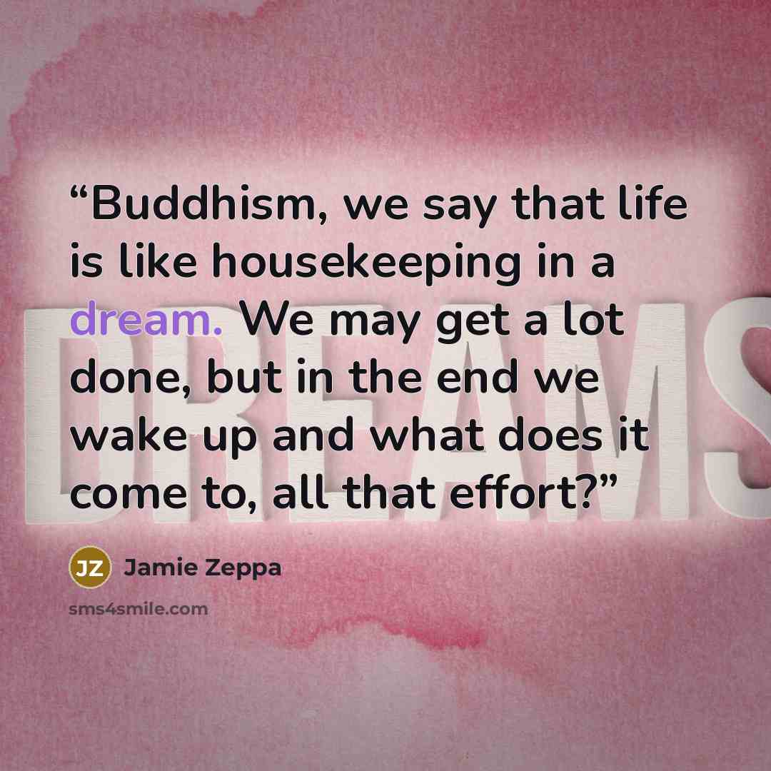 “Buddhism, we say that life is like housekeeping in a dream. We may get a lot done, but in the end we wake up and what does it come to, all that effort?” quote by Jamie Zeppa