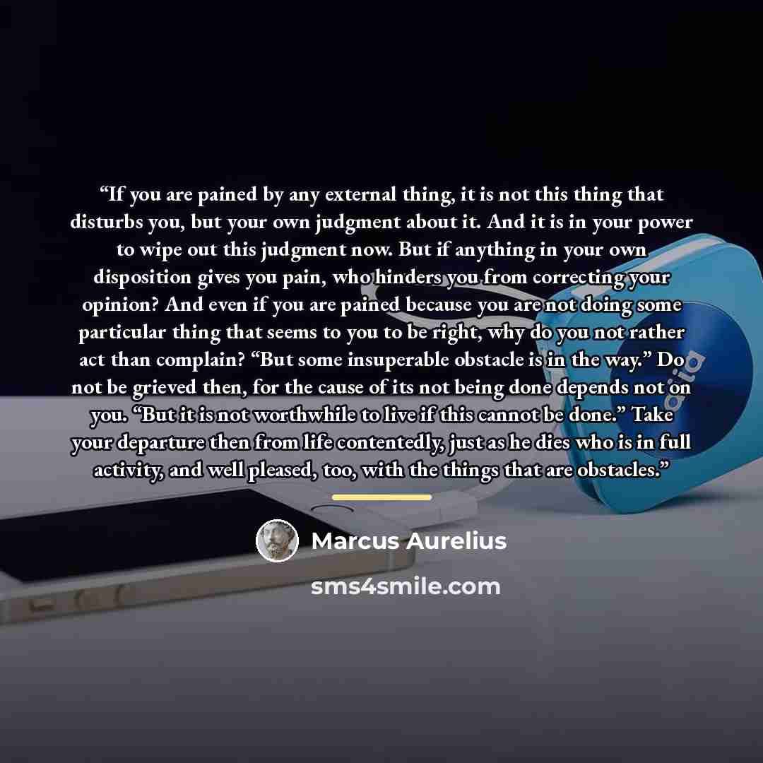 “If you are pained by any external thing, it is not this thing that disturbs you, but your own judgment about it. And it is in your power to wipe out this judgment now. But if anything in your own disposition gives you pain, who hinders you from correcting your opinion? And even if you are pained…” quote by Marcus Aurelius