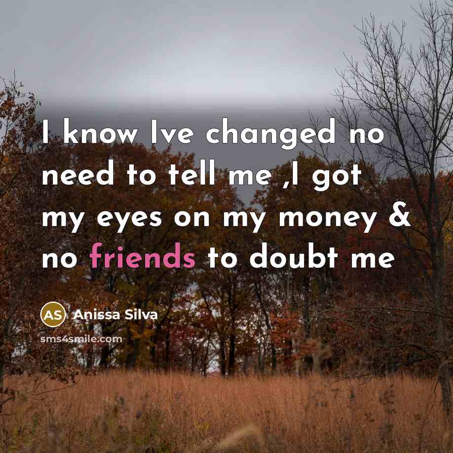 “I know Ive changed no need to tell me ,I got my eyes on my money & no friends to doubt me” quote by Anissa Silva