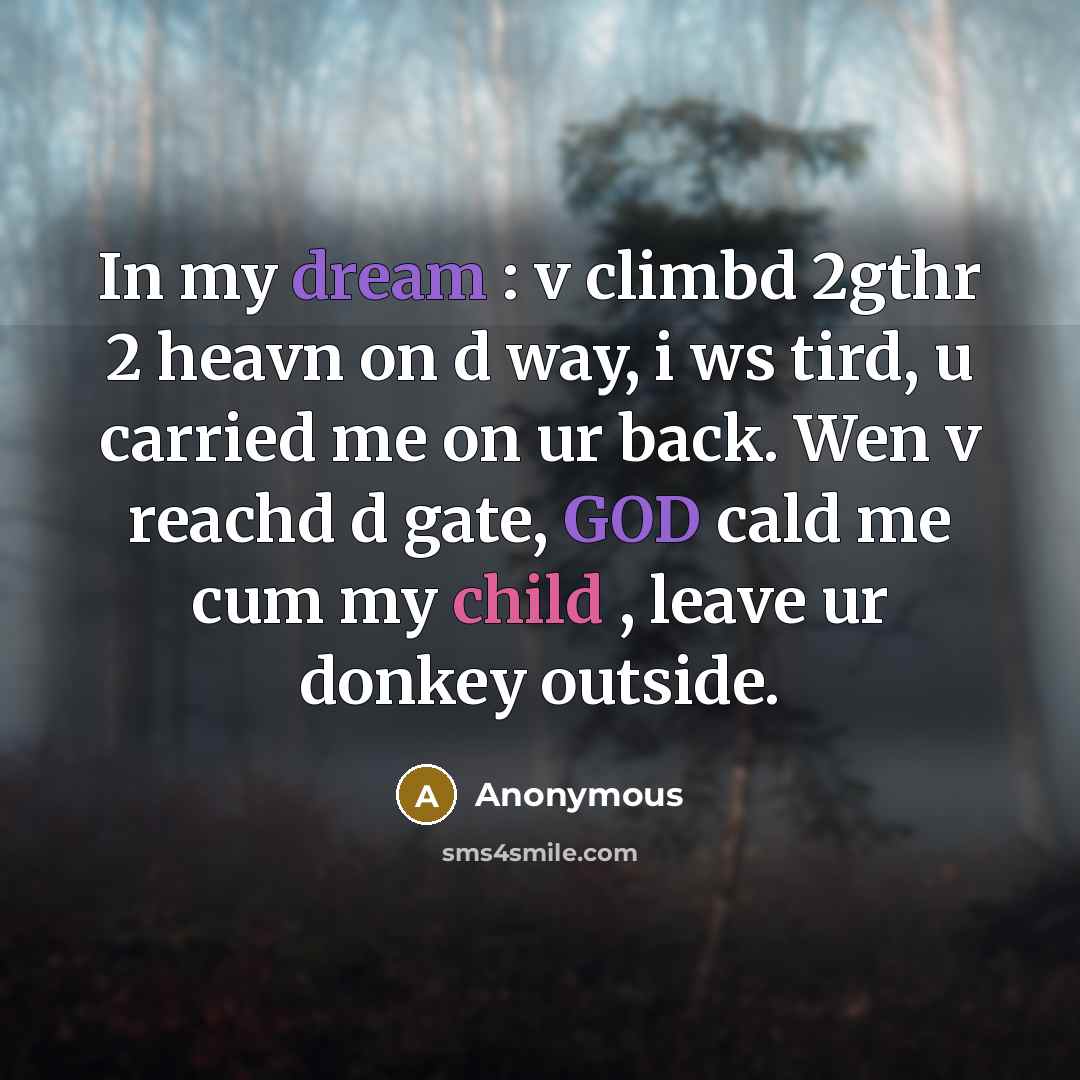 “In my dream : v climbd 2gthr 2 heavn on d way, i ws tird, u carried me on ur back. Wen v reachd d gate, GOD cald me cum my child , leave ur donkey outside.” quote by Anonymous