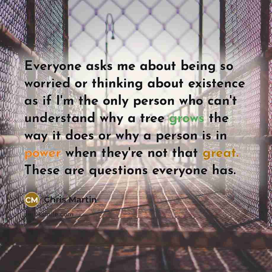 “Everyone asks me about being so worried or thinking about existence as if I'm the only person who can't understand why a tree grows the way it does or why a person is in power when they're not that great. These are questions everyone has.” quote by Chris Martin