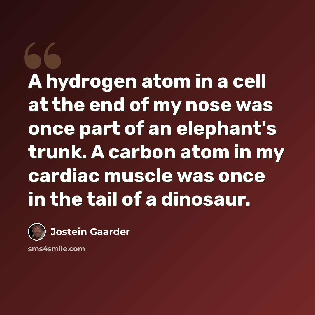 “A hydrogen atom in a cell at the end of my nose was once part of an elephant's trunk. A carbon atom in my cardiac muscle was once in the tail of a dinosaur.” quote by Jostein Gaarder