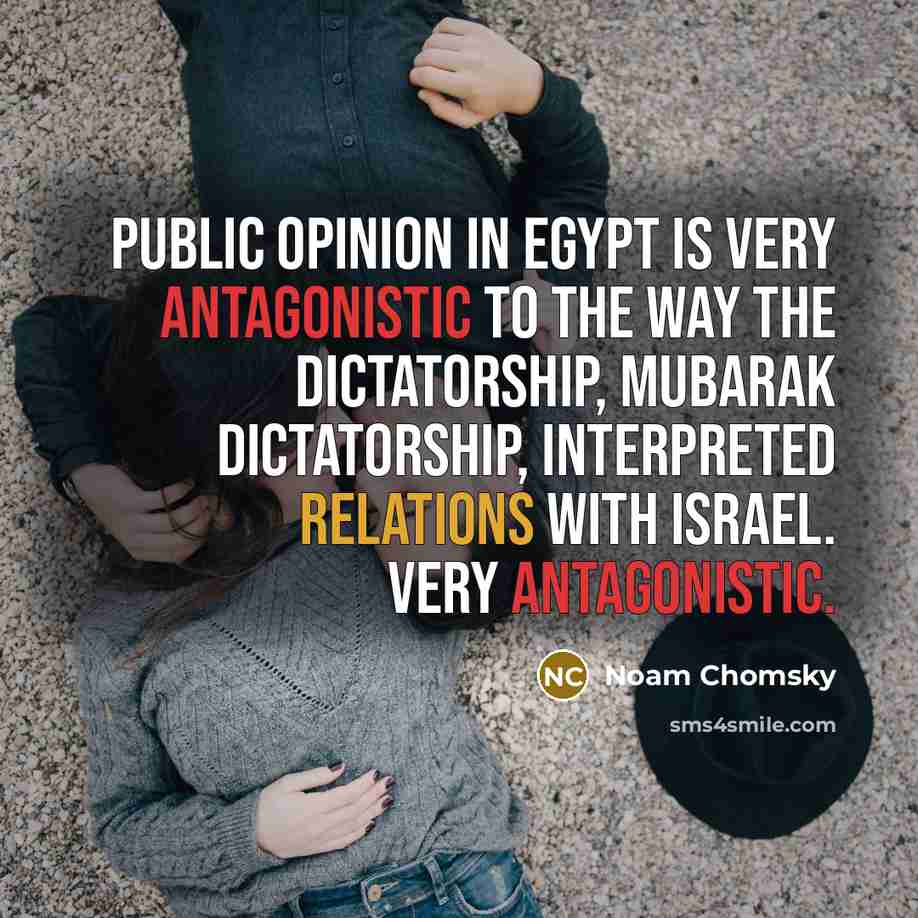 “Public opinion in Egypt is very antagonistic to the way the dictatorship, Mubarak dictatorship, interpreted relations with Israel. Very antagonistic.” quote by Noam Chomsky
