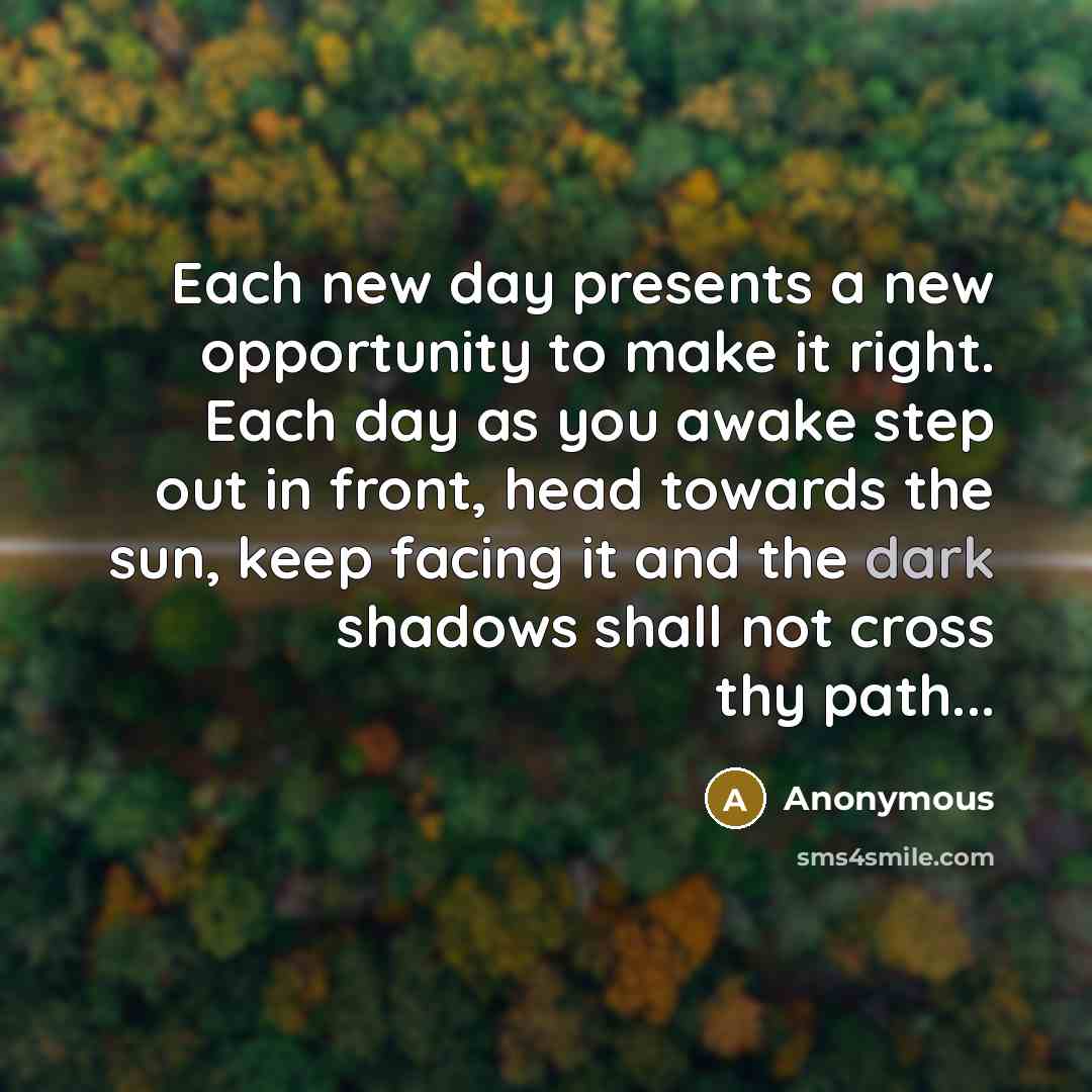 “Each new day presents a new opportunity to make it right. Each day as you awake step out in front, head towards the sun, keep facing it and the dark shadows shall not cross thy path...” quote by Anonymous