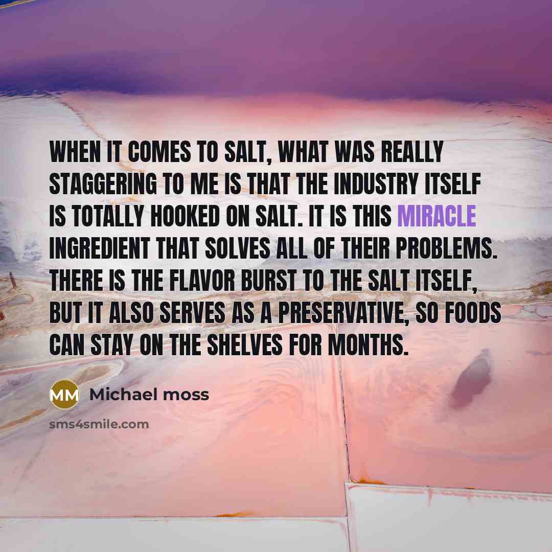 “When it comes to salt, what was really staggering to me is that the industry itself is totally hooked on salt. It is this miracle ingredient that solves all of their problems. There is the flavor burst to the salt itself, but it also serves as a preservative, so foods can stay on the shelves for…” quote by Michael Moss