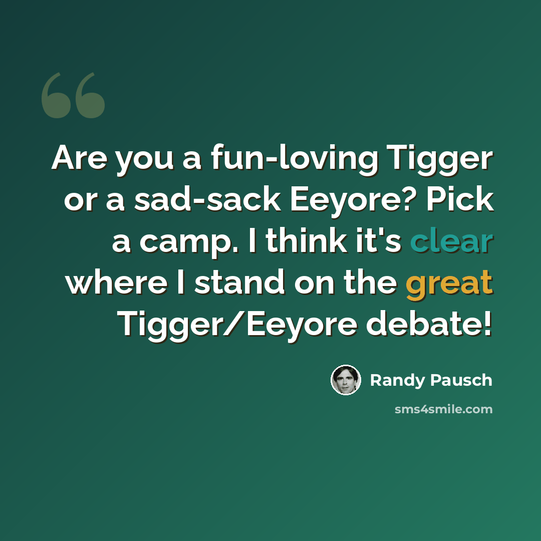 “Are you a fun-loving Tigger or a sad-sack Eeyore? Pick a camp. I think it's clear where I stand on the great Tigger/Eeyore debate!” quote by Randy Pausch