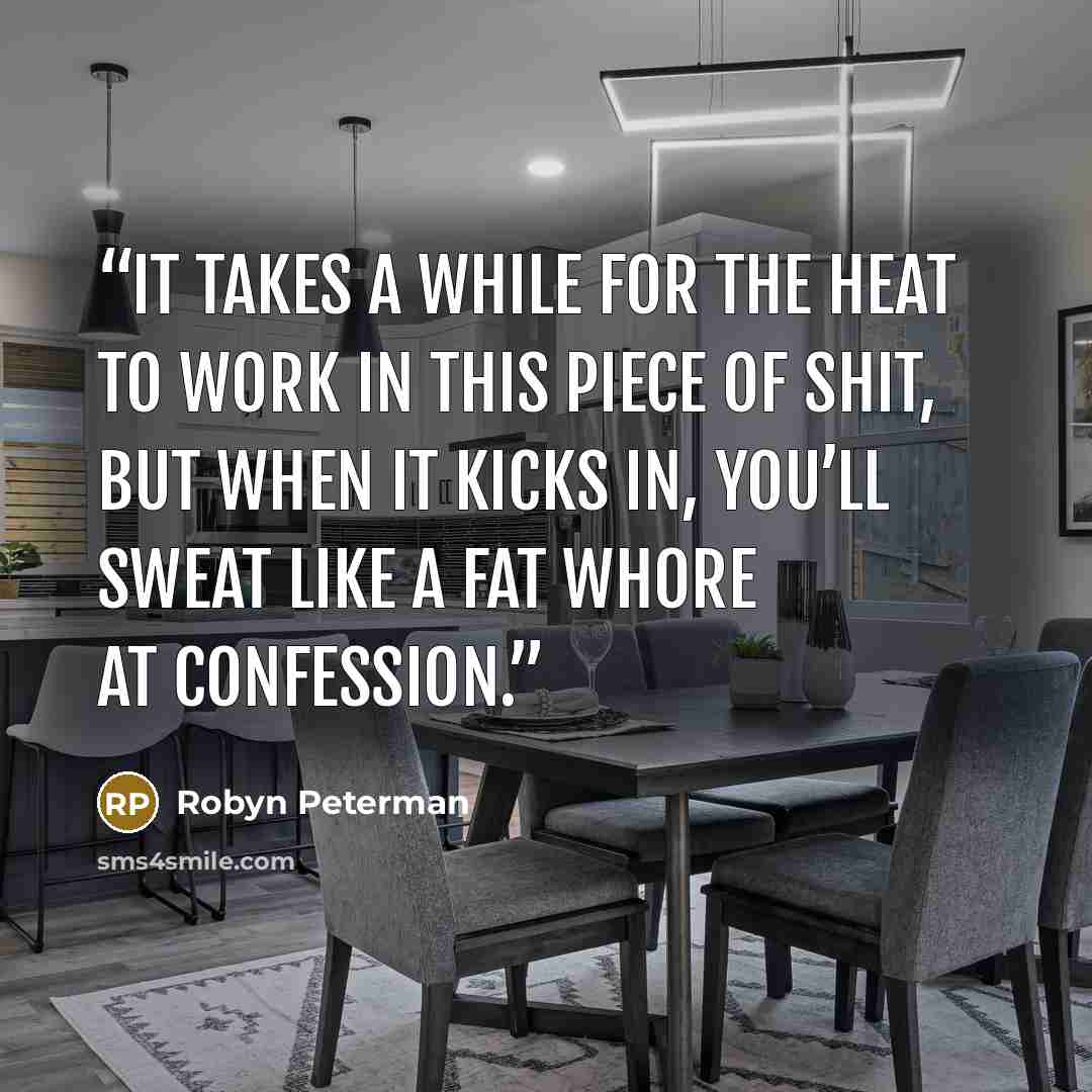 “It takes a while for the heat to work in this piece of shit, but when it kicks in, you’ll sweat like a fat whore at confession.” quote by Robyn Peterman