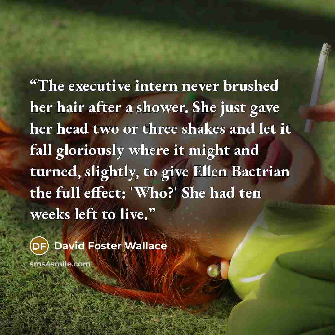 “The executive intern never brushed her hair after a shower. She just gave her head two or three shakes and let it fall gloriously where it might and turned, slightly, to give Ellen Bactrian the full effect: 'Who?' She had ten weeks left to live.” quote by David Foster Wallace