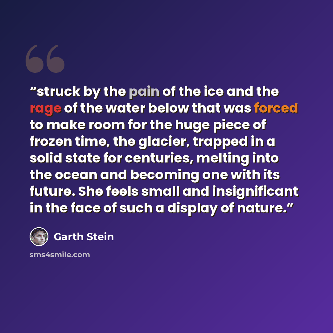 “struck by the pain of the ice and the rage of the water below that was forced to make room for the huge piece of frozen time, the glacier, trapped in a solid state for centuries, melting into the ocean and becoming one with its future. She feels small and insignificant in the face of such a…” quote by Garth Stein