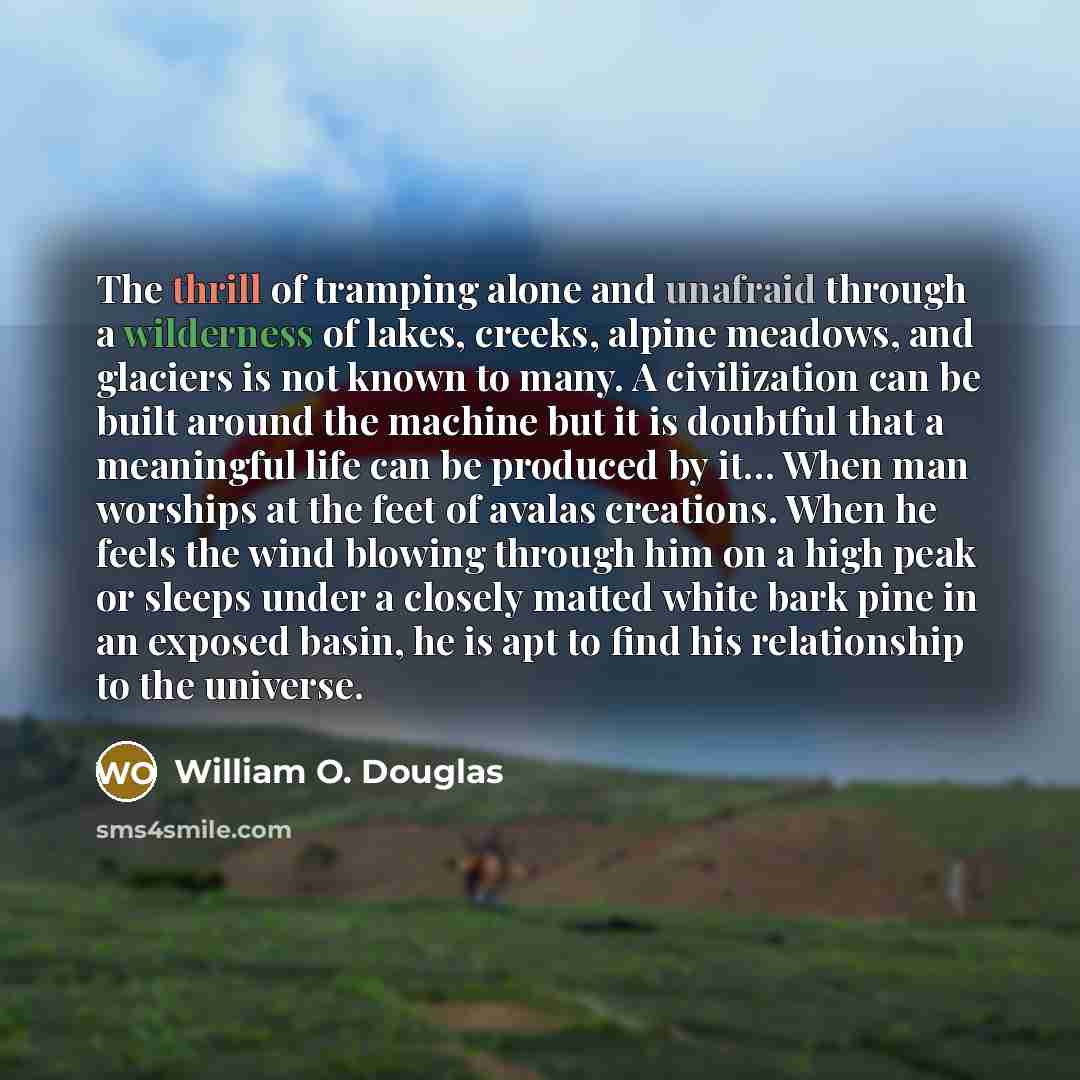 “The thrill of tramping alone and unafraid through a wilderness of lakes, creeks, alpine meadows, and glaciers is not known to many. A civilization can be built around the machine but it is doubtful that a meaningful life can be produced by it… When man worships at the feet of avalas creations…” quote by William O. Douglas