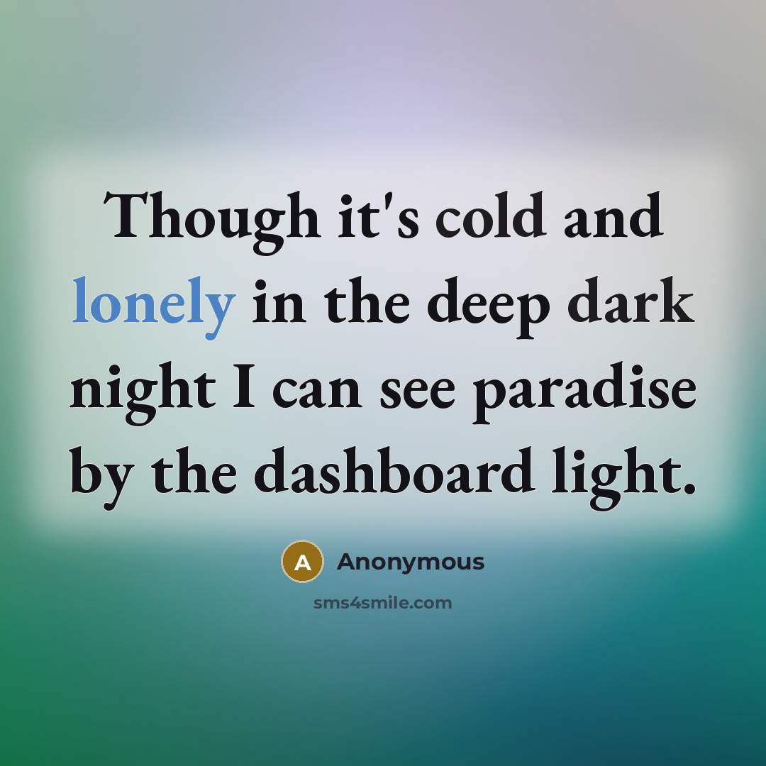“Though it's cold and lonely in the deep dark night I can see paradise by the dashboard light.” quote by Anonymous