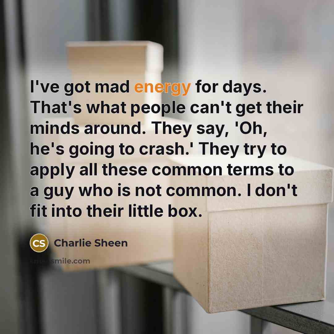 “I've got mad energy for days. That's what people can't get their minds around. They say, 'Oh, he's going to crash.' They try to apply all these common terms to a guy who is not common. I don't fit into their little box.” quote by Charlie Sheen