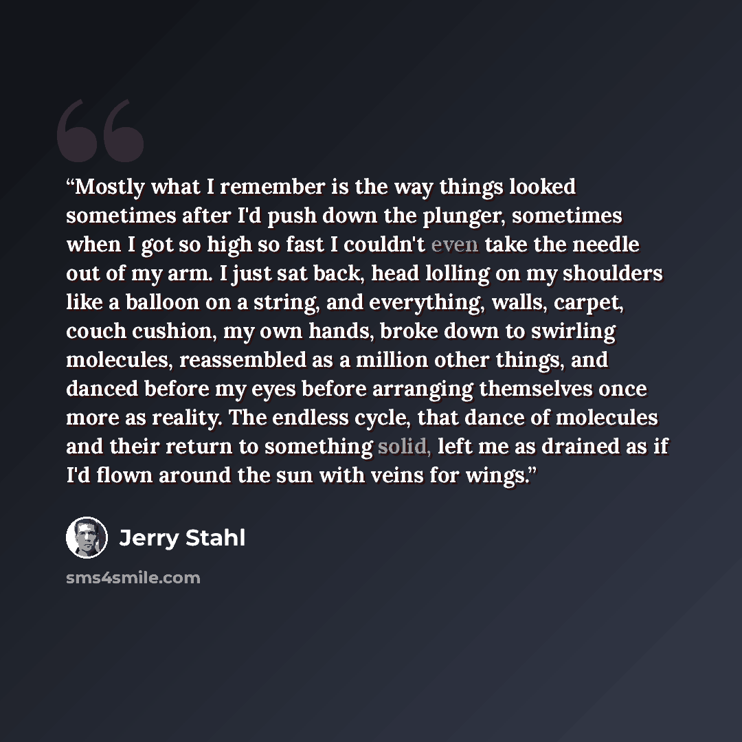 “Mostly what I remember is the way things looked sometimes after I'd push down the plunger, sometimes when I got so high so fast I couldn't even take the needle out of my arm. I just sat back, head lolling on my shoulders like a balloon on a string, and everything, walls, carpet, couch cushion, my…” quote by Jerry Stahl