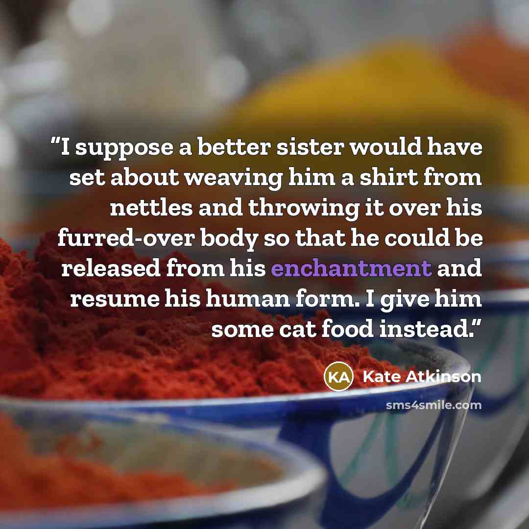 “I suppose a better sister would have set about weaving him a shirt from nettles and throwing it over his furred-over body so that he could be released from his enchantment and resume his human form. I give him some cat food instead.” quote by Kate Atkinson