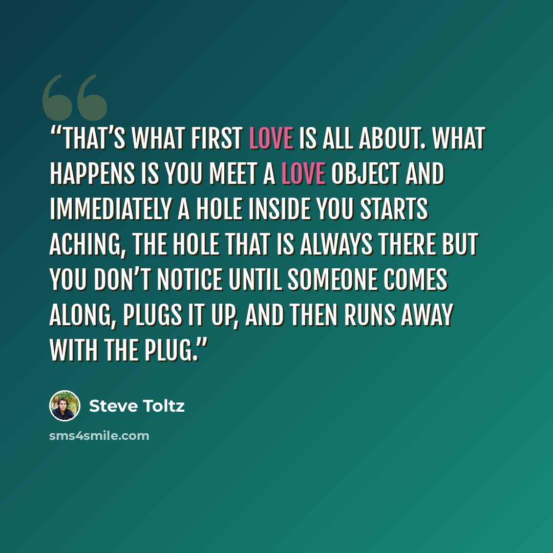 “That’s what first love is all about. What happens is you meet a love object and immediately a hole inside you starts aching, the hole that is always there but you don’t notice until someone comes along, plugs it up, and then runs away with the plug.” quote by Steve Toltz