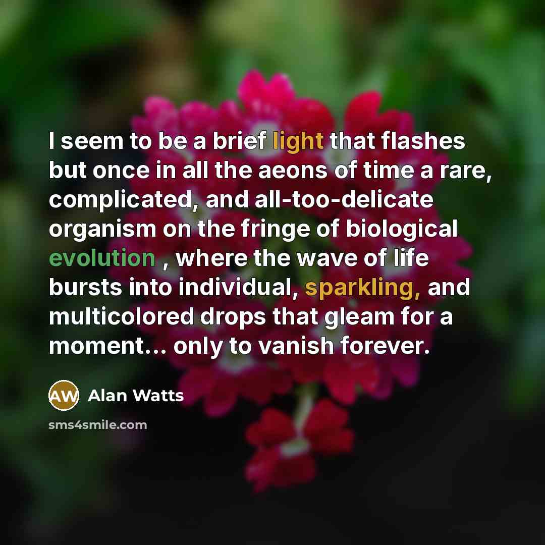 “I seem to be a brief light that flashes but once in all the aeons of time a rare, complicated, and all-too-delicate organism on the fringe of biological evolution , where the wave of life bursts into individual, sparkling, and multicolored drops that gleam for a moment... only to vanish forever.” quote by Alan Watts