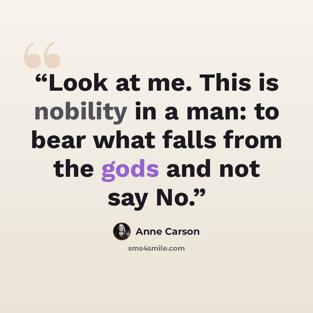 “Look at me. This is nobility in a man: to bear what falls from the gods and not say No.” quote by Anne Carson