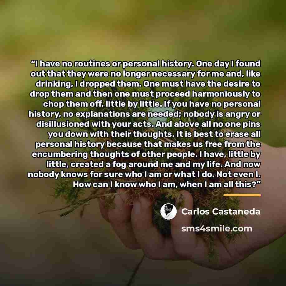 “I have no routines or personal history. One day I found out that they were no longer necessary for me and, like drinking, I dropped them. One must have the desire to drop them and then one must proceed harmoniously to chop them off, little by little. If you have no personal history, no…” quote by Carlos Castaneda