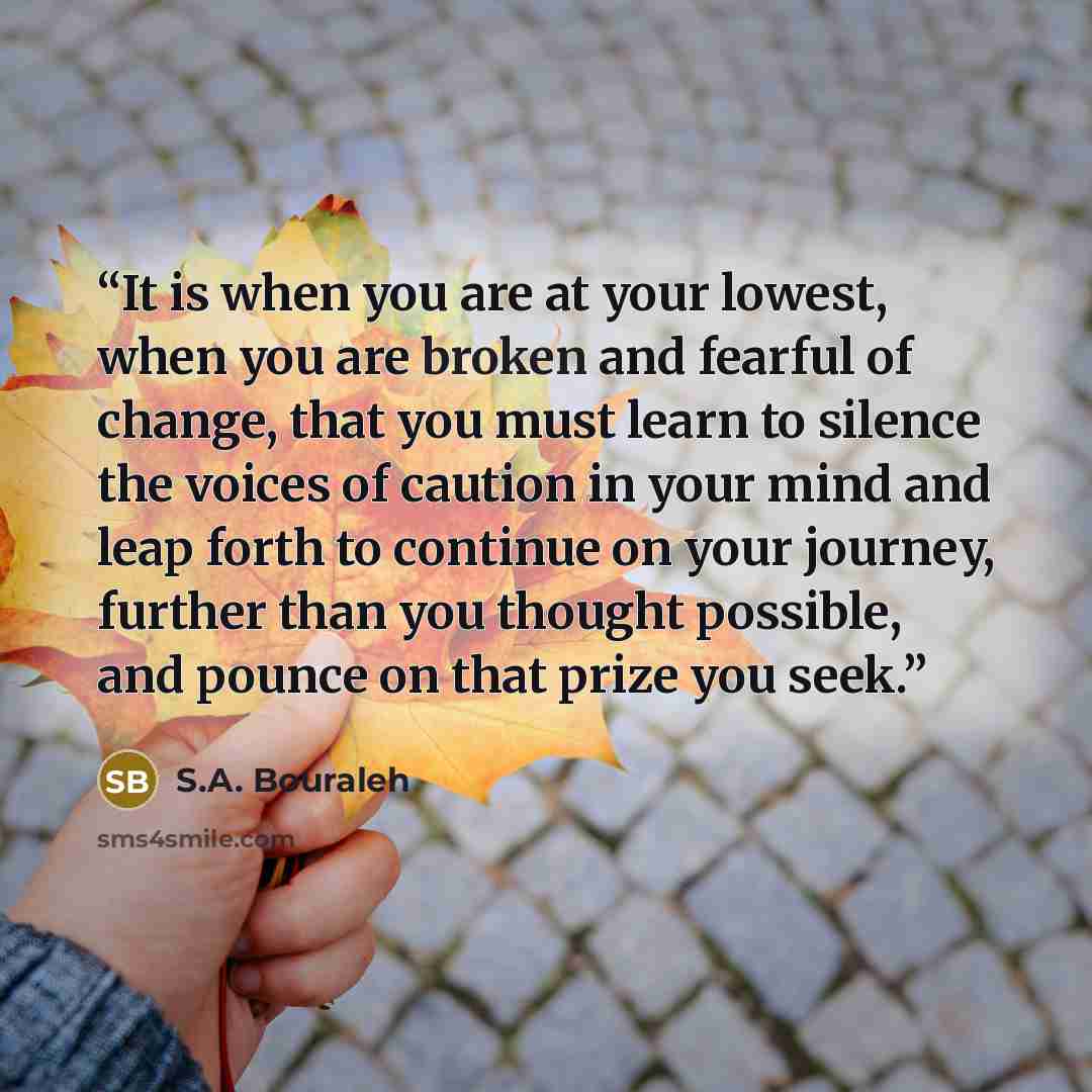 “It is when you are at your lowest, when you are broken and fearful of change, that you must learn to silence the voices of caution in your mind and leap forth to continue on your journey, further than you thought possible, and pounce on that prize you seek.” quote by S.A. Bouraleh