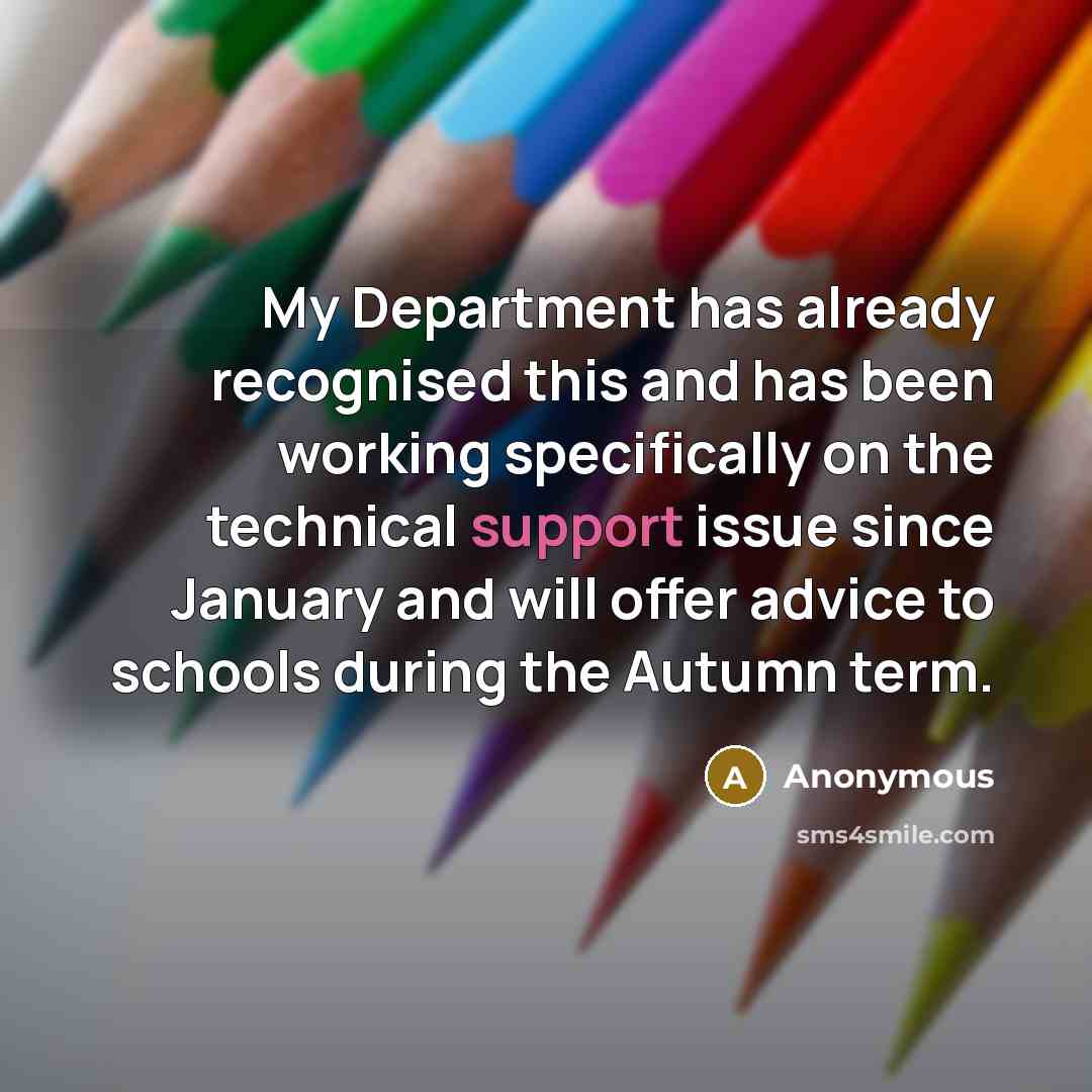 “My Department has already recognised this and has been working specifically on the technical support issue since January and will offer advice to schools during the Autumn term.” quote by Anonymous