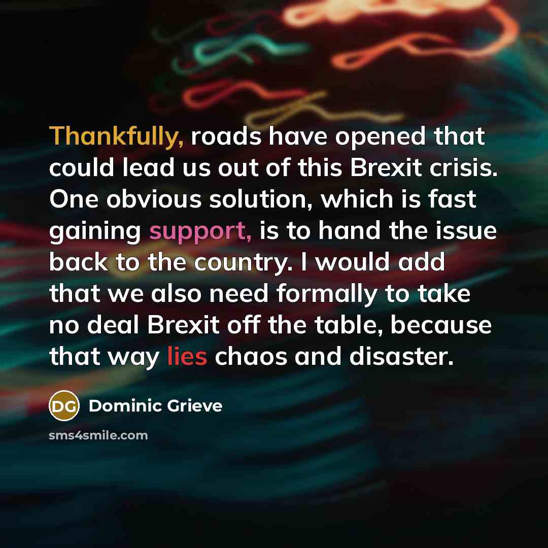 “Thankfully, roads have opened that could lead us out of this Brexit crisis. One obvious solution, which is fast gaining support, is to hand the issue back to the country. I would add that we also need formally to take no deal Brexit off the table, because that way lies chaos and disaster.” quote by Dominic Grieve