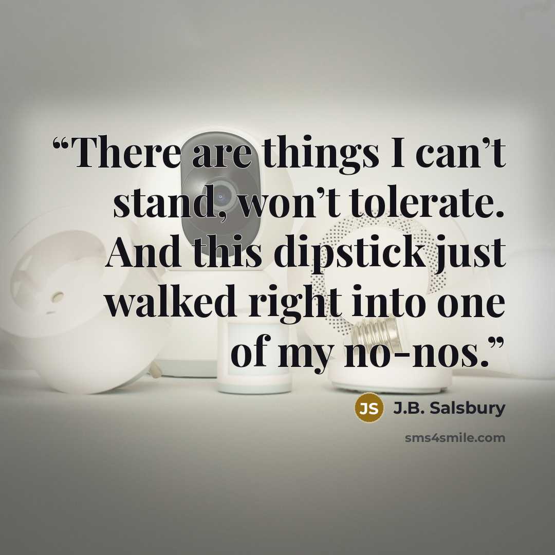 “There are things I can’t stand, won’t tolerate. And this dipstick just walked right into one of my no-nos.” quote by J.B. Salsbury