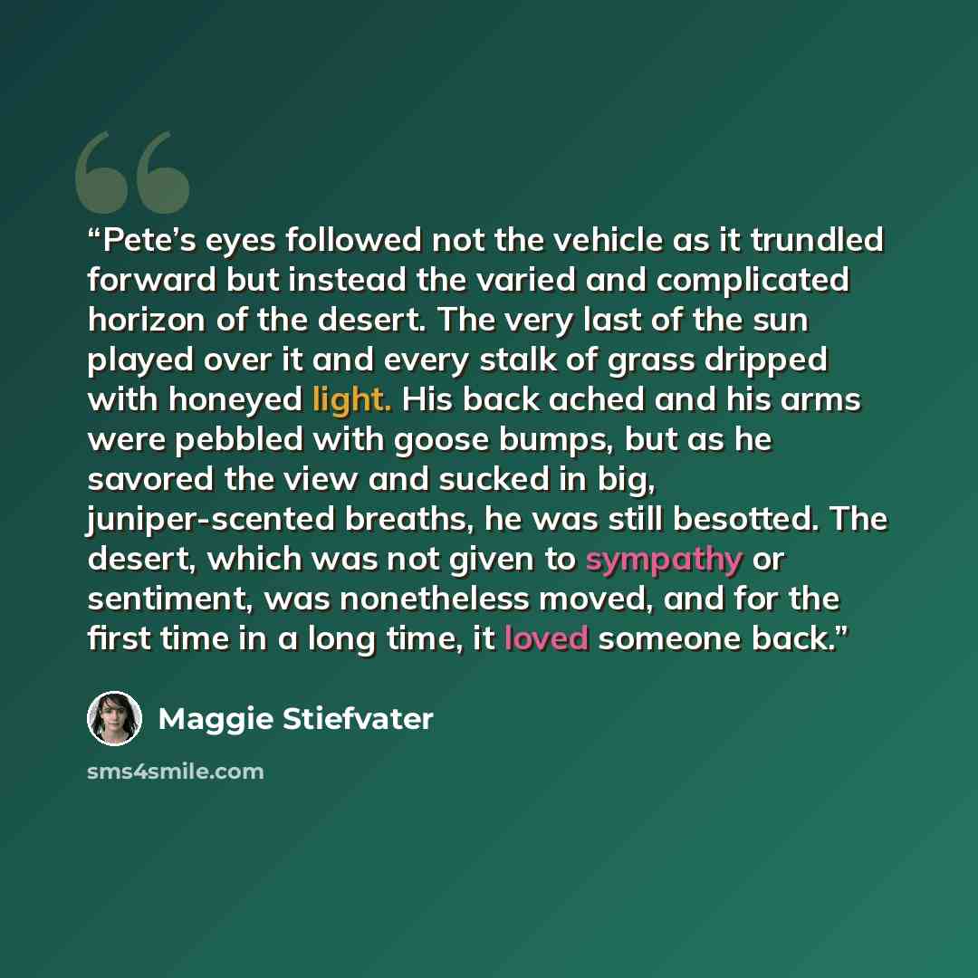 “Pete’s eyes followed not the vehicle as it trundled forward but instead the varied and complicated horizon of the desert. The very last of the sun played over it and every stalk of grass dripped with honeyed light. His back ached and his arms were pebbled with goose bumps, but as he savored the…” quote by Maggie Stiefvater
