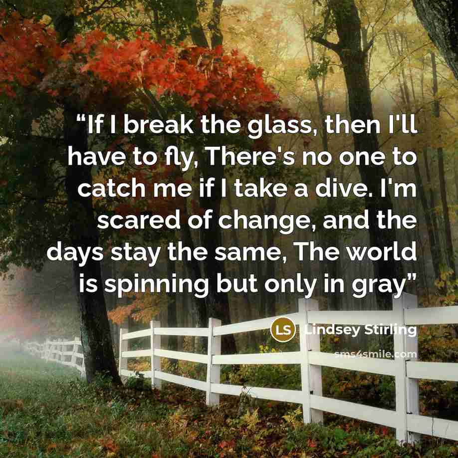 “If I break the glass, then I'll have to fly, There's no one to catch me if I take a dive. I'm scared of change, and the days stay the same, The world is spinning but only in gray” quote by Lindsey Stirling