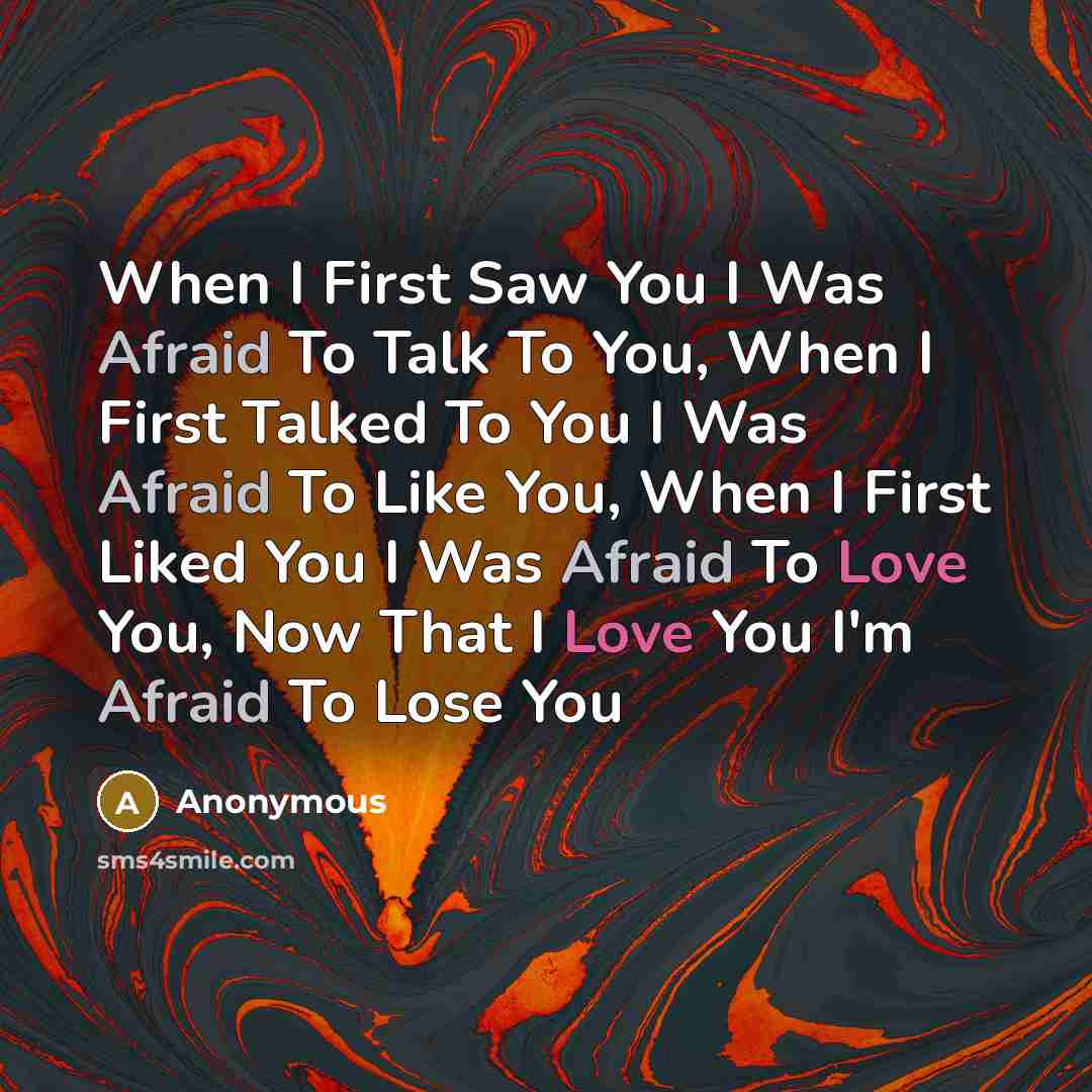 “When I First Saw You I Was Afraid To Talk To You, When I First Talked To You I Was Afraid To Like You, When I First Liked You I Was Afraid To Love You, Now That I Love You I'm Afraid To Lose You” quote by Anonymous