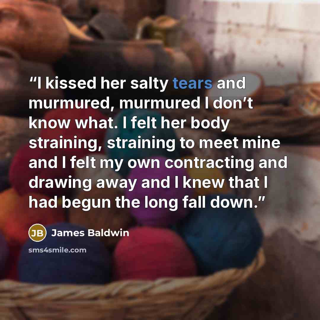 “I kissed her salty tears and murmured, murmured I don’t know what. I felt her body straining, straining to meet mine and I felt my own contracting and drawing away and I knew that I had begun the long fall down.” quote by James Baldwin