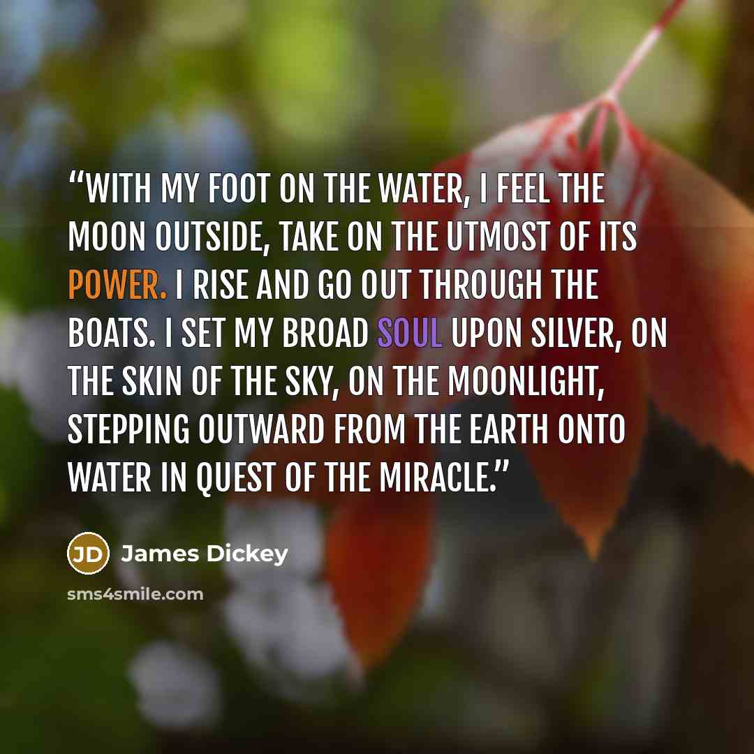 “With my foot on the water, I feel The moon outside, Take on the utmost of its power. I rise and go out through the boats. I set my broad soul upon silver, On the skin of the sky, on the moonlight, Stepping outward from the earth onto water In quest of the miracle.” quote by James Dickey