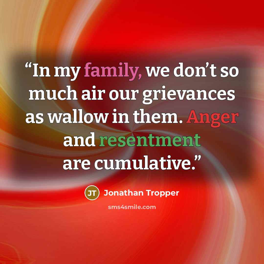 “In my family, we don’t so much air our grievances as wallow in them. Anger and resentment are cumulative.” quote by Jonathan Tropper