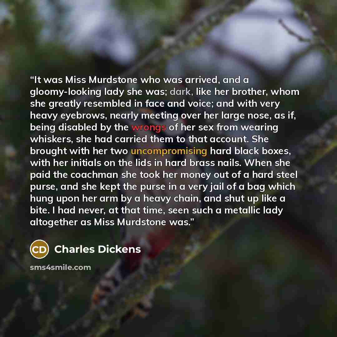 “It was Miss Murdstone who was arrived, and a gloomy-looking lady she was; dark, like her brother, whom she greatly resembled in face and voice; and with very heavy eyebrows, nearly meeting over her large nose, as if, being disabled by the wrongs of her sex from wearing whiskers, she had carried…” quote by Charles Dickens