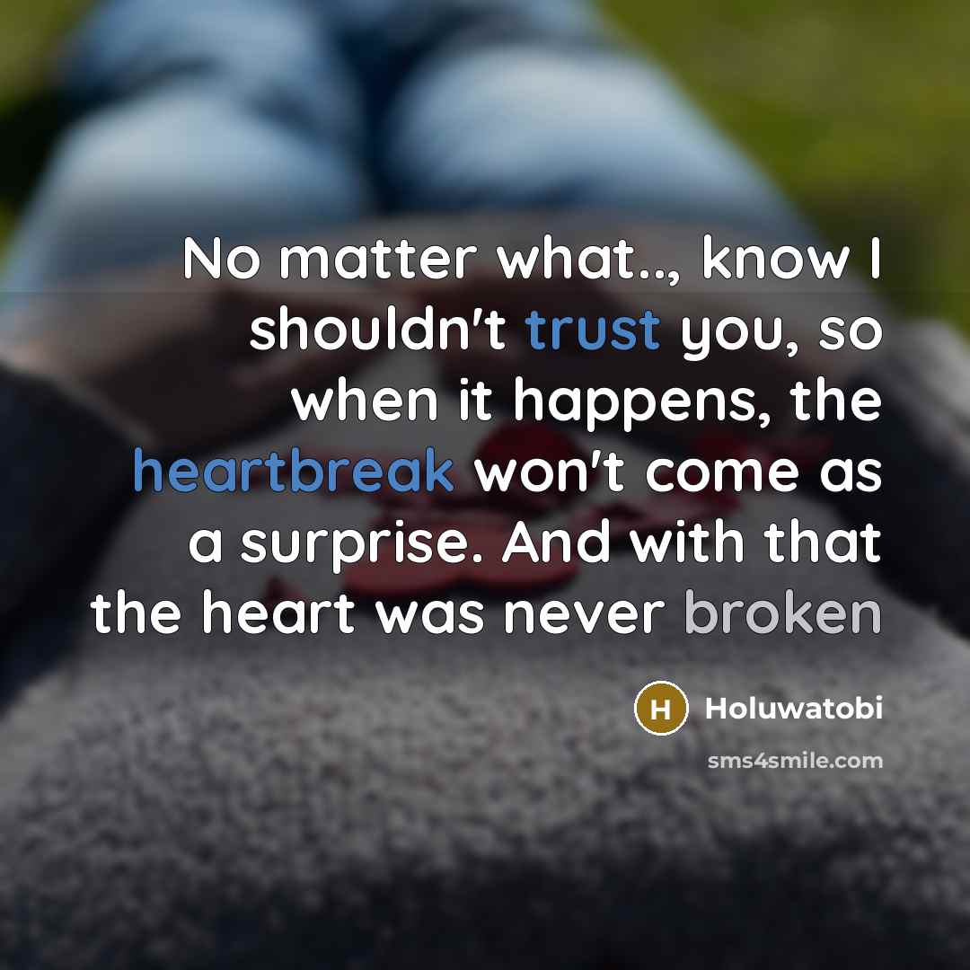“No matter what.., know I shouldn't trust you, so when it happens, the heartbreak won't come as a surprise. And with that the heart was never broken” quote by Holuwatobi