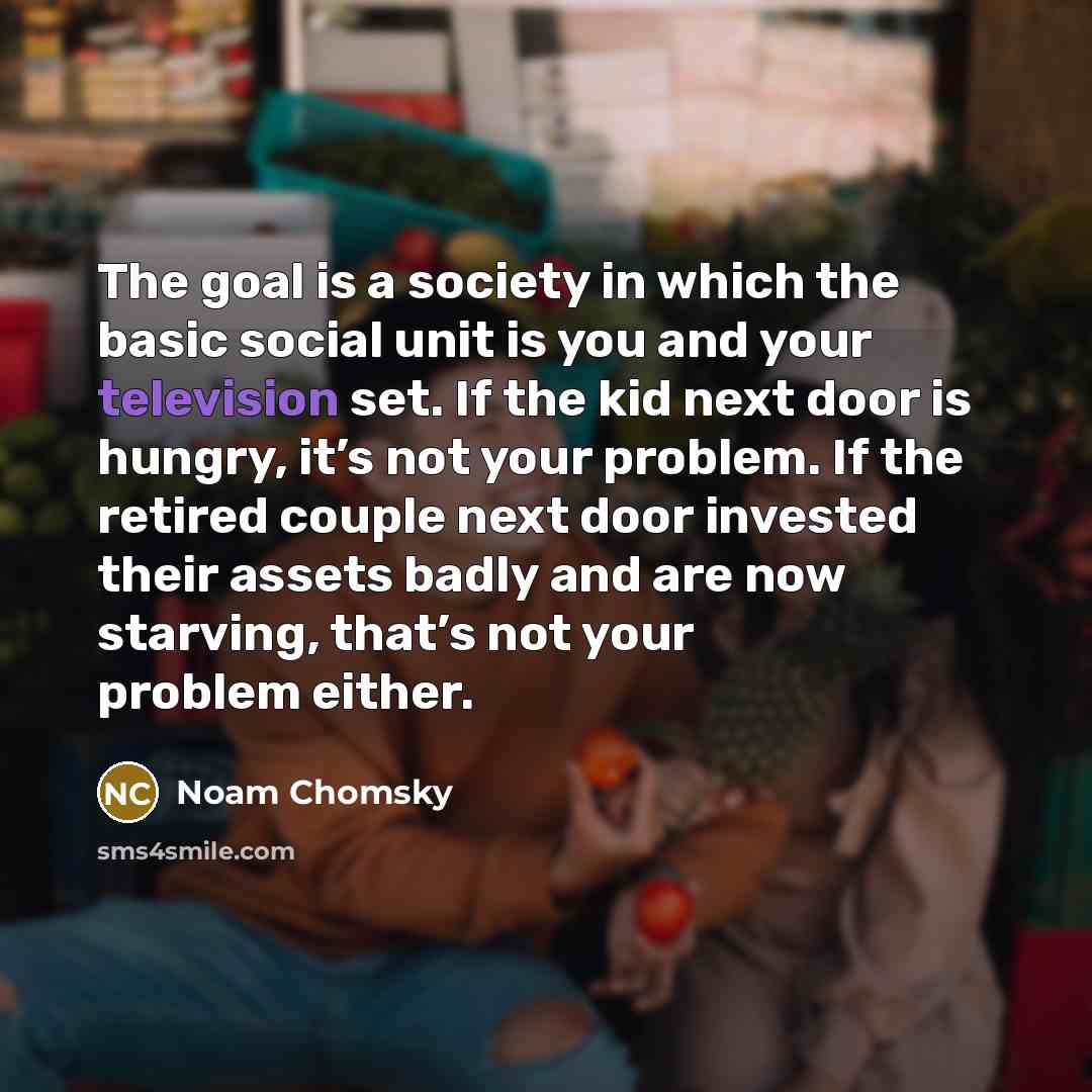 “The goal is a society in which the basic social unit is you and your television set. If the kid next door is hungry, it’s not your problem. If the retired couple next door invested their assets badly and are now starving, that’s not your problem either.” quote by Noam Chomsky