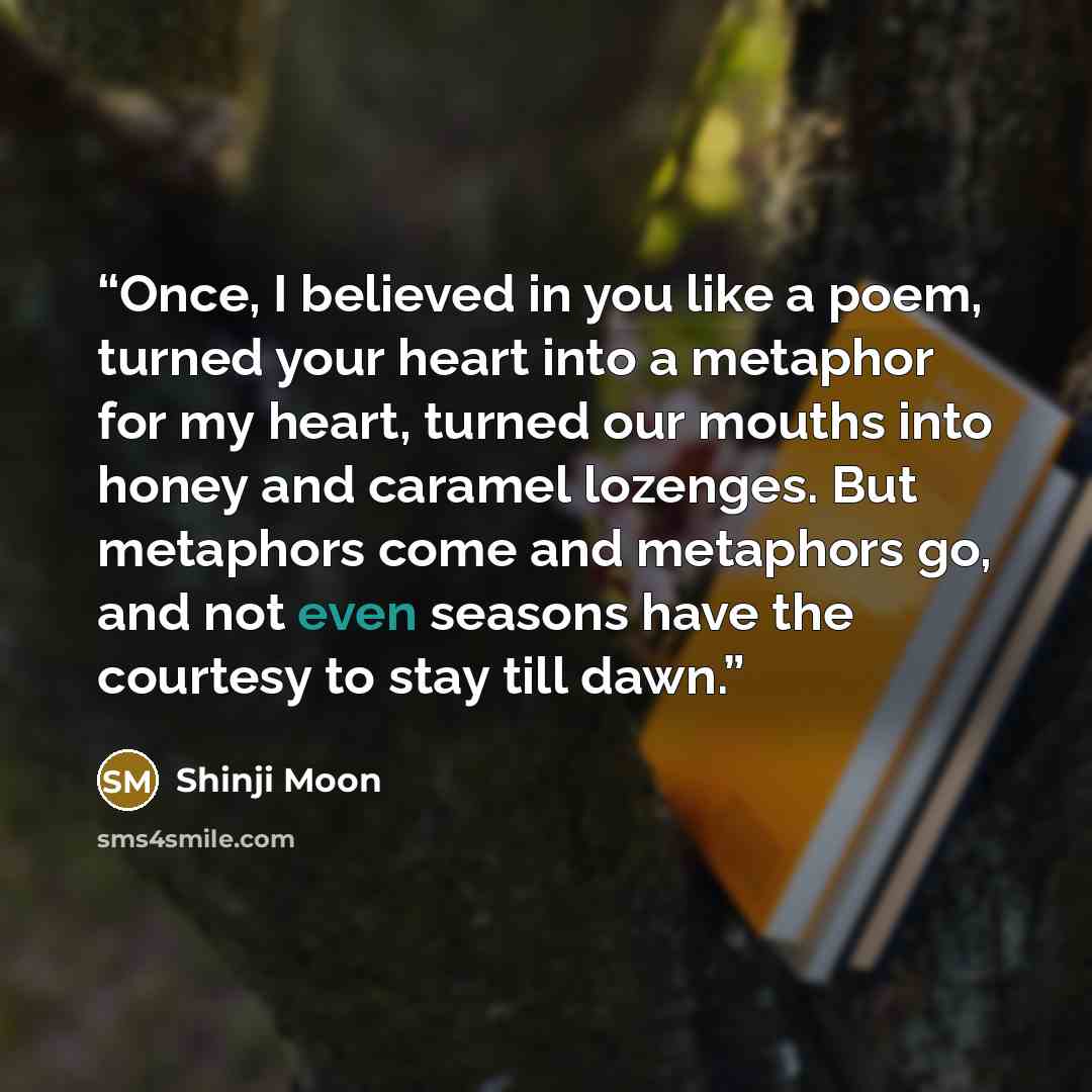 “Once, I believed in you like a poem, turned your heart into a metaphor for my heart, turned our mouths into honey and caramel lozenges. But metaphors come and metaphors go, and not even seasons have the courtesy to stay till dawn.” quote by Shinji Moon