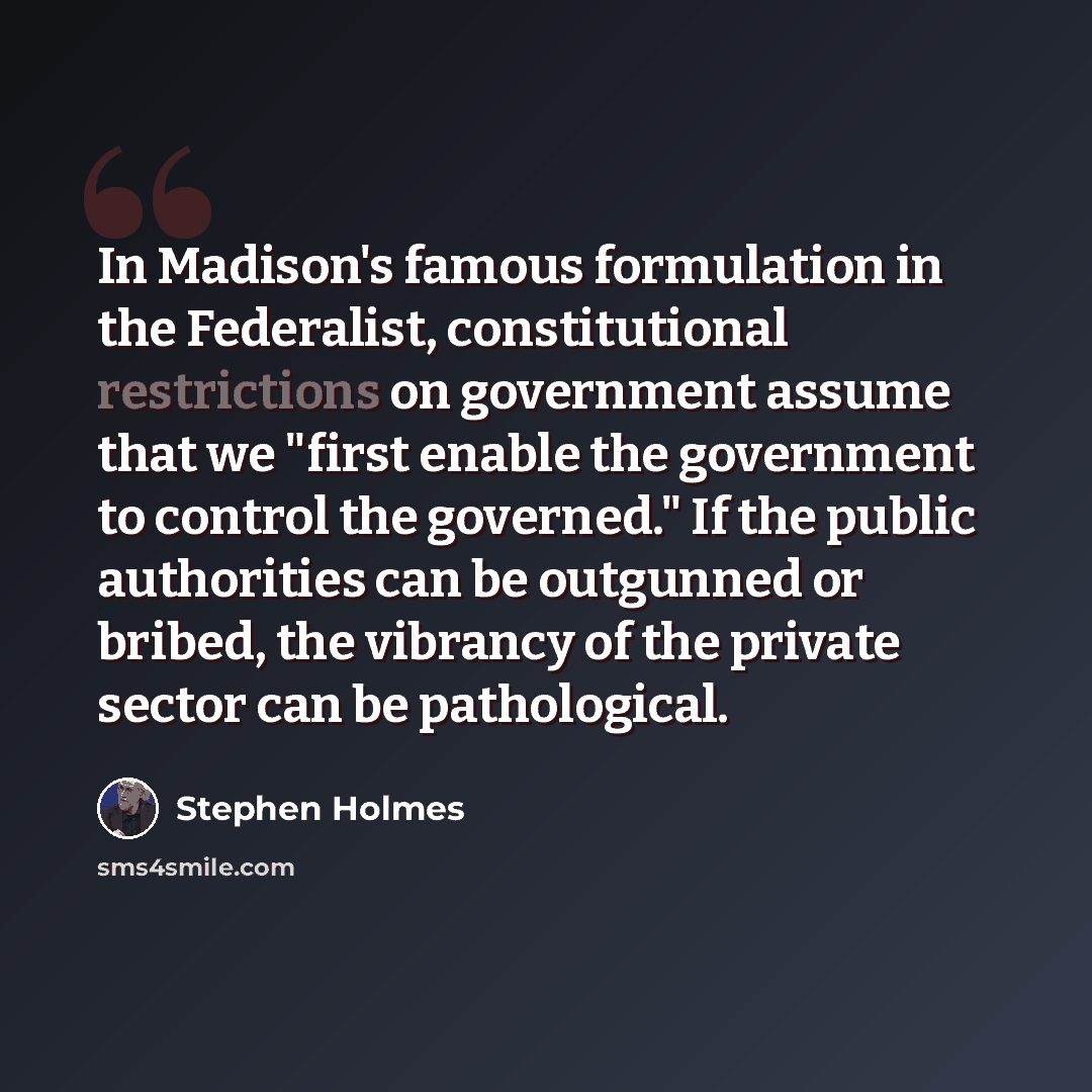 “In Madison's famous formulation in the Federalist, constitutional restrictions on government assume that we "first enable the government to control the governed." If the public authorities can be outgunned or bribed, the vibrancy of the private sector can be pathological.” quote by Stephen Holmes