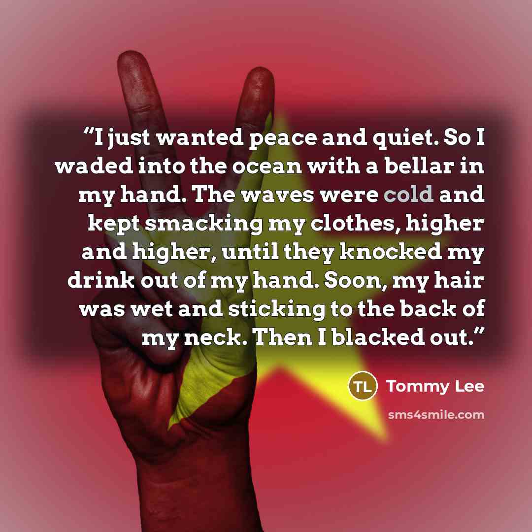 “I just wanted peace and quiet. So I waded into the ocean with a bellar in my hand. The waves were cold and kept smacking my clothes, higher and higher, until they knocked my drink out of my hand. Soon, my hair was wet and sticking to the back of my neck. Then I blacked out.” quote by Tommy Lee