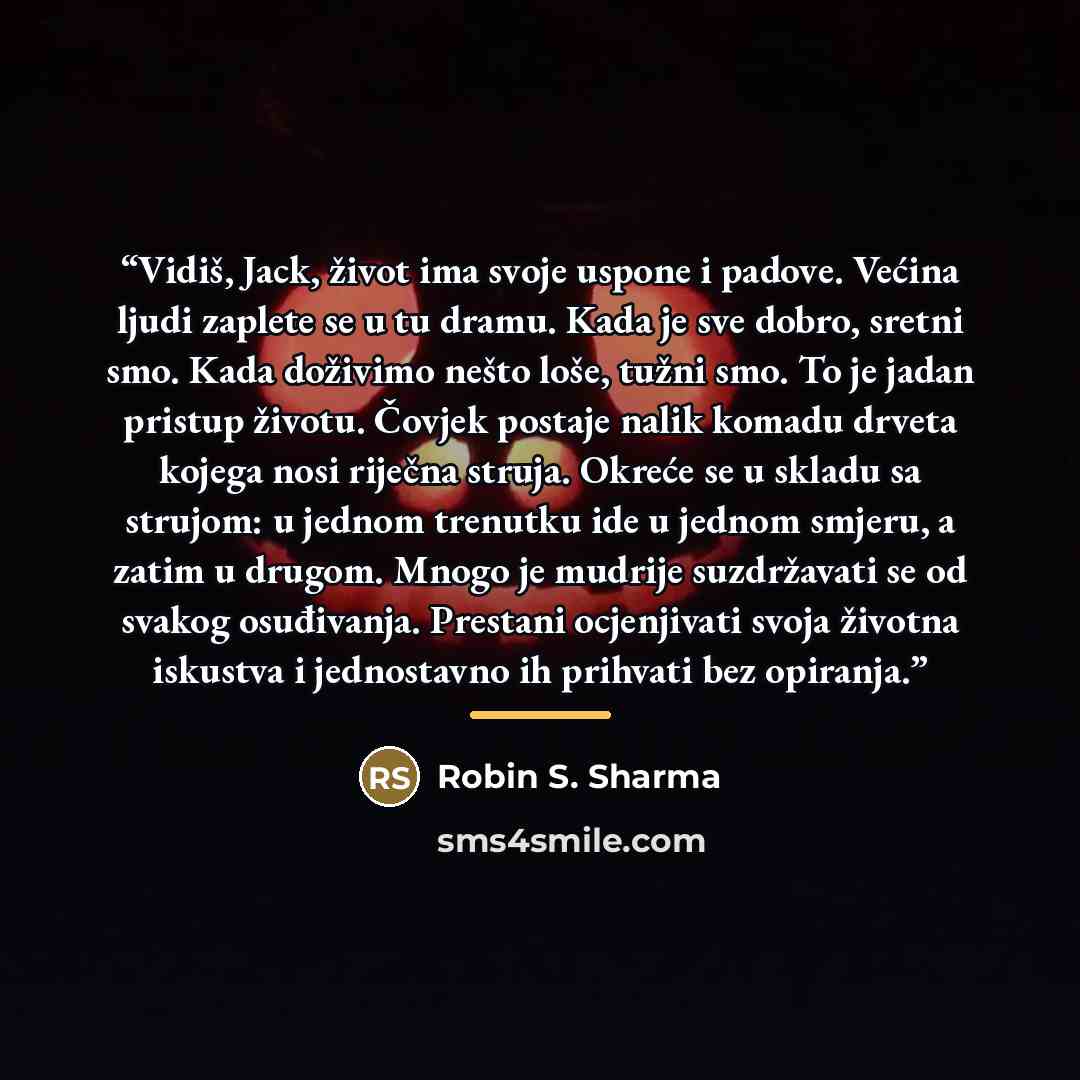 “Vidiš, Jack, život ima svoje uspone i padove. Većina ljudi zaplete se u tu dramu. Kada je sve dobro, sretni smo. Kada doživimo nešto loše, tužni smo. To je jadan pristup životu. Čovjek postaje nalik komadu drveta kojega nosi riječna struja. Okreće se u skladu sa strujom: u jednom trenutku ide u…” quote by Robin S. Sharma