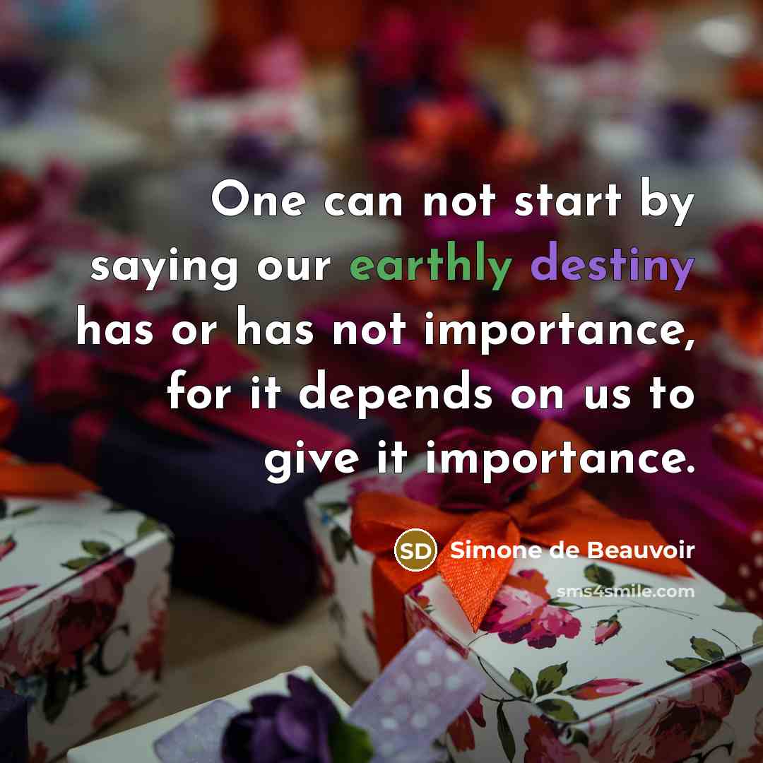 “One can not start by saying our earthly destiny has or has not importance, for it depends on us to give it importance.” quote by Simone de Beauvoir