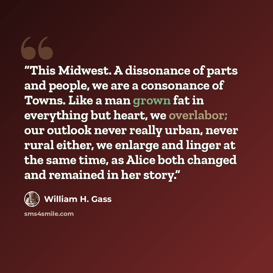 “This Midwest. A dissonance of parts and people, we are a consonance of Towns. Like a man grown fat in everything but heart, we overlabor; our outlook never really urban, never rural either, we enlarge and linger at the same time, as Alice both changed and remained in her story.” quote by William H. Gass