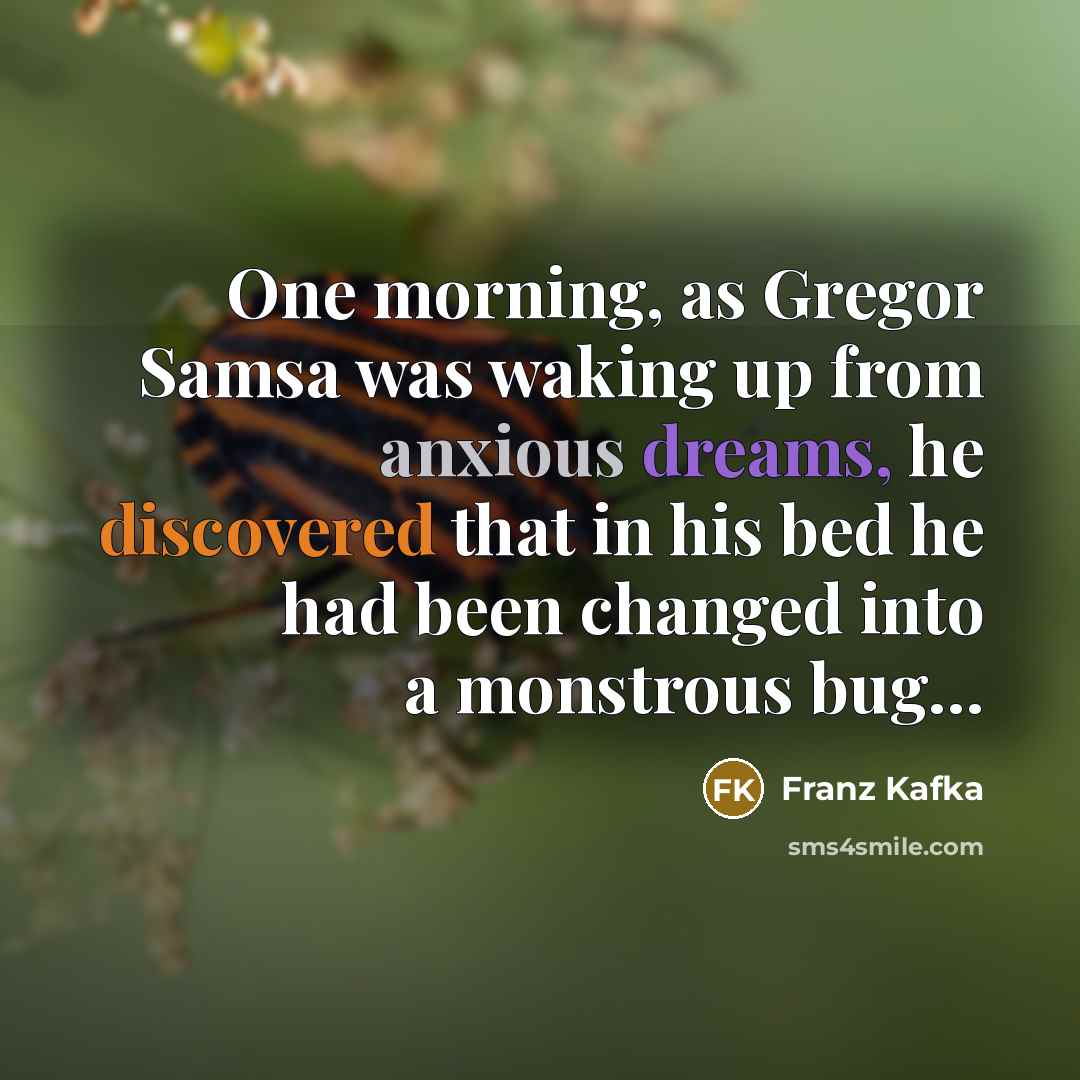 “One morning, as Gregor Samsa was waking up from anxious dreams, he discovered that in his bed he had been changed into a monstrous bug…” quote by Franz Kafka
