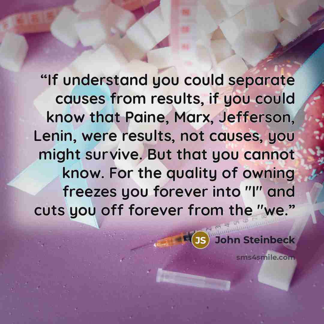 “If understand you could separate causes from results, if you could know that Paine, Marx, Jefferson, Lenin, were results, not causes, you might survive. But that you cannot know. For the quality of owning freezes you forever into "I" and cuts you off forever from the "we.” quote by John Steinbeck